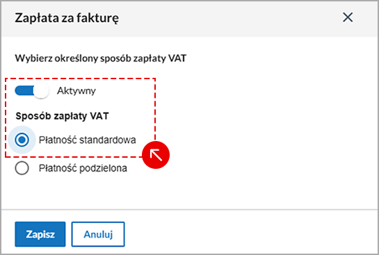 Wyb&oacute;r opcji w oknie Zobowiązanie z tytułu VAT